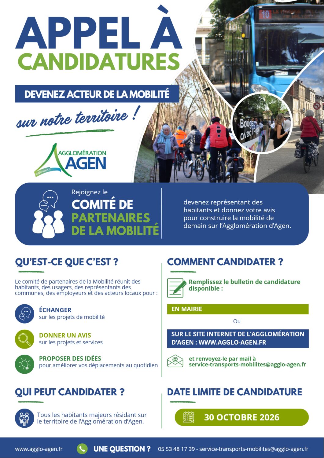 APPEL A LA CANDIDATURE – COMITÉ DE PARTENAIRES MOBILITÉ – AGGLO AGEN